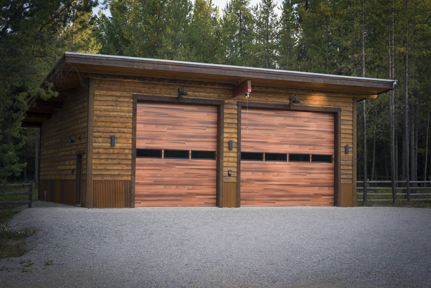 The garage from three-quarters showing the depth of the eave and the side wall