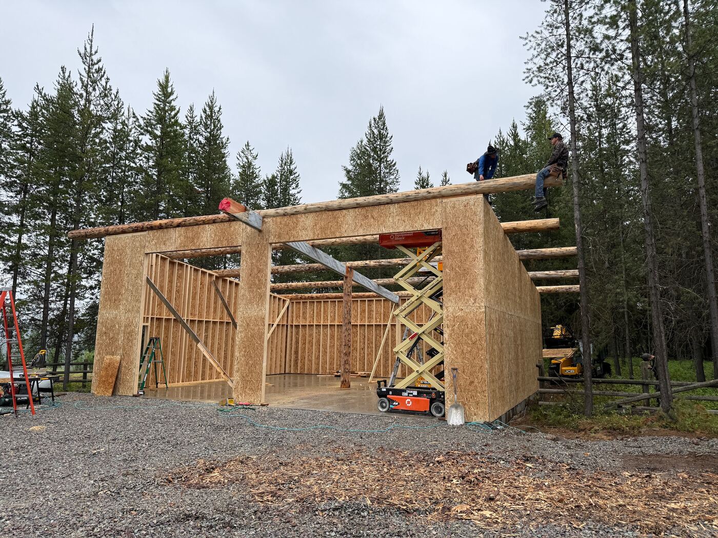 Log purlins being set along the top of the sheathed wall by two of the crew